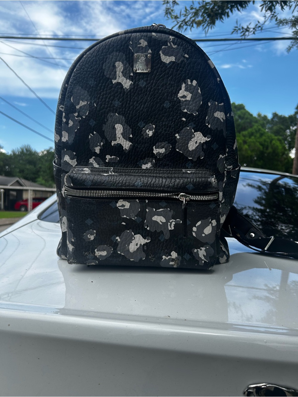 MCM Black Backpack with Gray & White Camo Accents